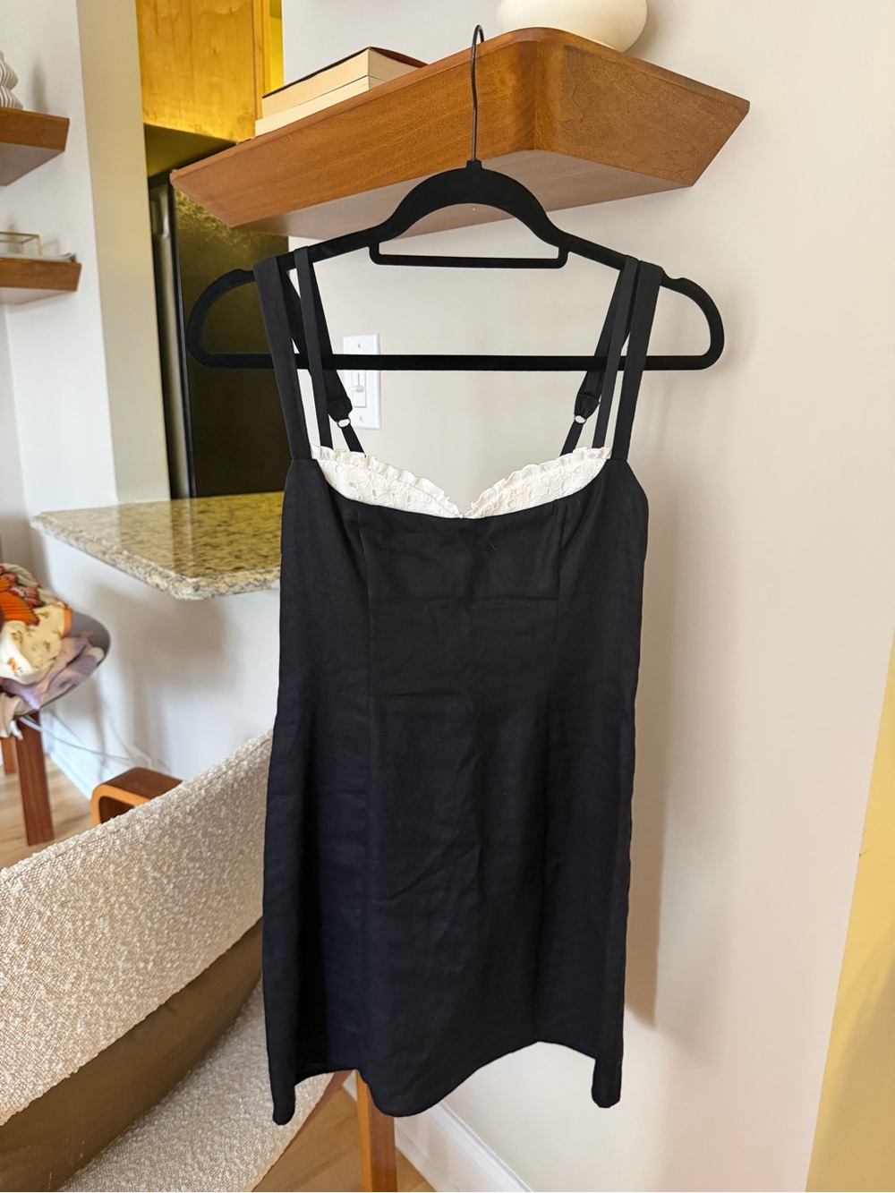 Reformation Black Dress with White Lace Trim